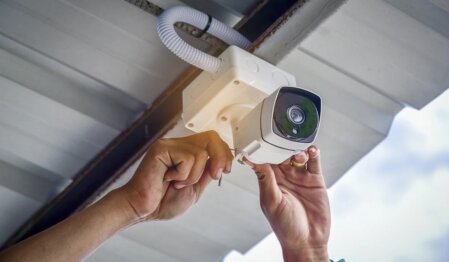 Tecnico installa telecamera su scala